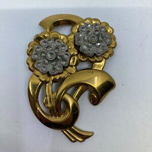 Vtg 1940 CORO ? gold tone brass flowers bow brooch